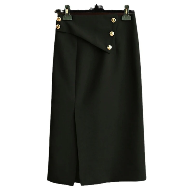 Damen Eleganter Midirock mit asymmetrischem Schnitt und Goldknöpfen Drune