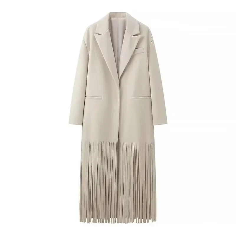 Damen 10+ langer Oversize‑Mantel mit Fransenbesatz und kastiger Silhouette Drune