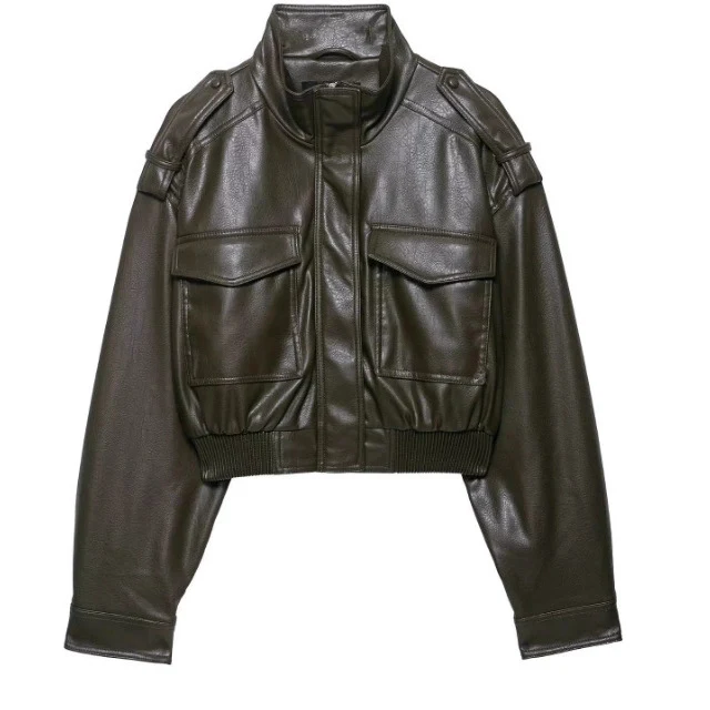 Damen 10+ kurzes Kunstleder‑Bomberjacke im Military‑Look mit Pattentaschen und Stehkragen Drune