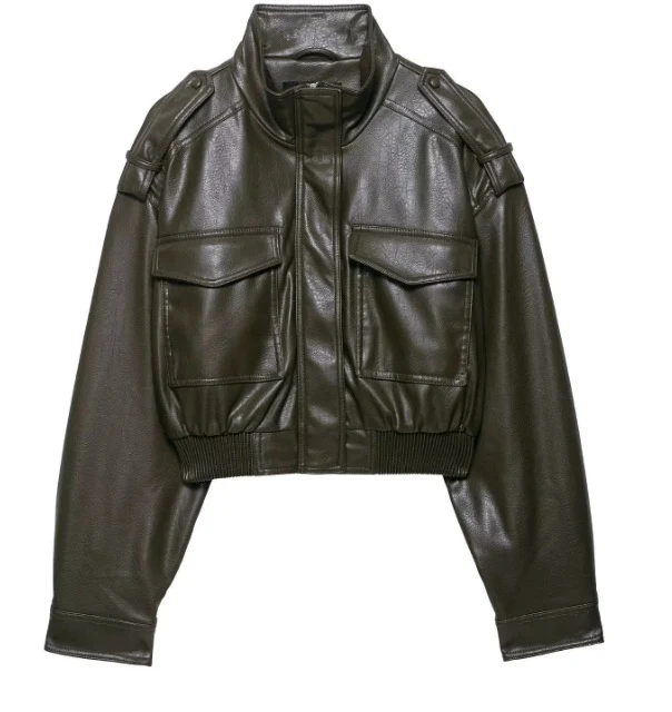 Damen 10+ kurzes Kunstleder‑Bomberjacke im Military‑Look mit Pattentaschen und Stehkragen Drune