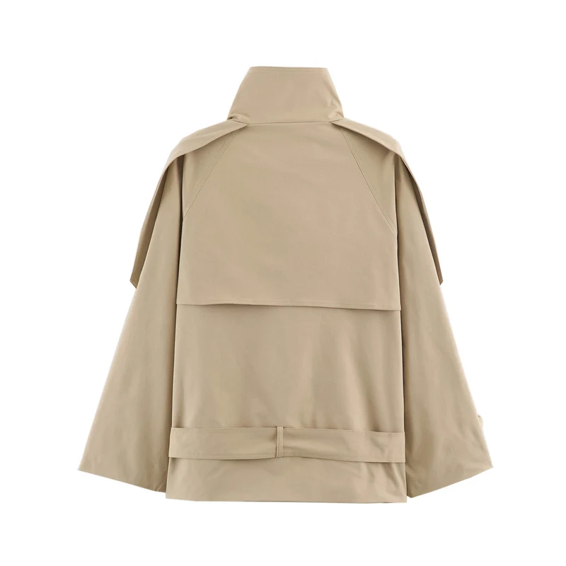 Damen 10+ kurzer doppeltreihiger Cape‑Trench mit Funnelkragen und Bindegürtel Drune