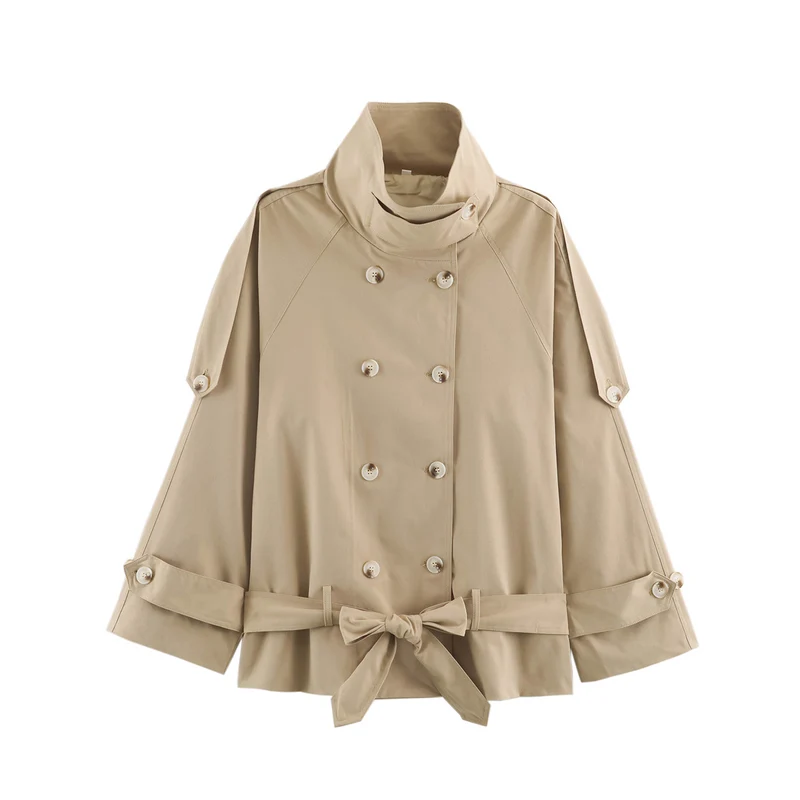 Damen 10+ kurzer doppeltreihiger Cape‑Trench mit Funnelkragen und Bindegürtel Drune