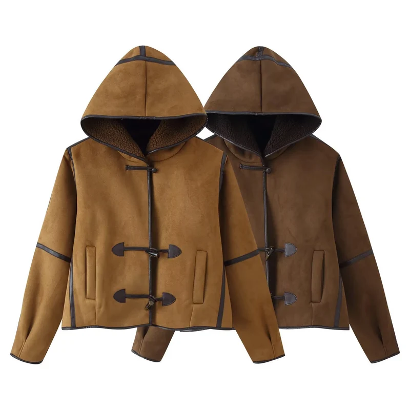 Damen 10+ kurze Lammfell‑Optik Dufflejacke mit Kapuze und Knebelverschlüssen Drune