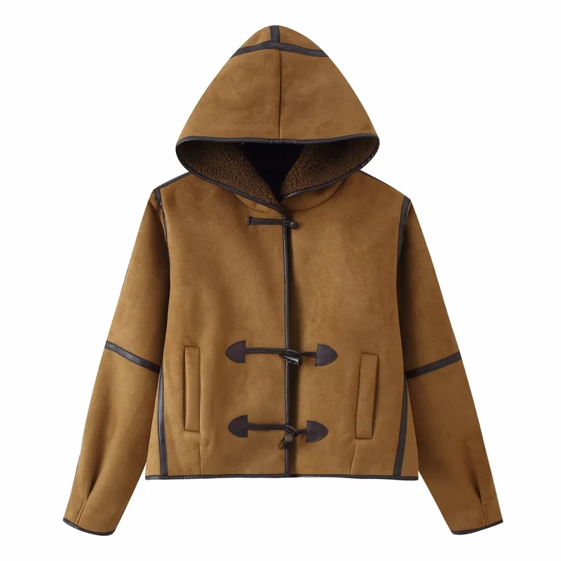 Damen 10+ kurze Lammfell‑Optik Dufflejacke mit Kapuze und Knebelverschlüssen Drune