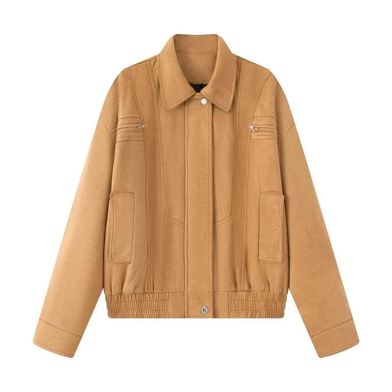 Damen 10+ kurz geschnittene Velours‑Blousonjacke mit elastischem Saum, Pattentaschen und Reißverschlussdetails Drune