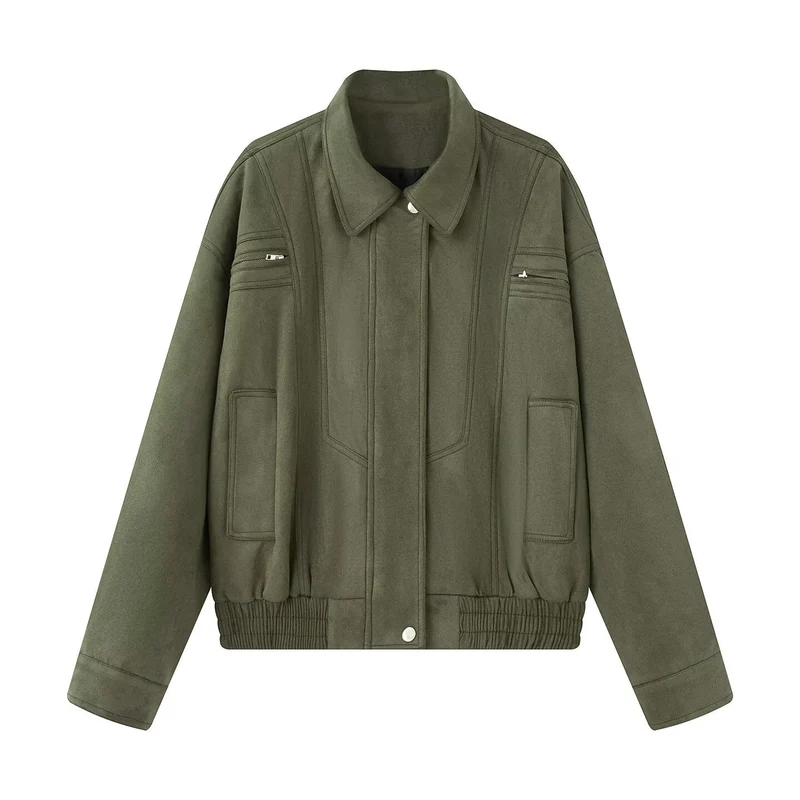 Damen 10+ kurz geschnittene Velours‑Blousonjacke mit elastischem Saum, Pattentaschen und Reißverschlussdetails Drune