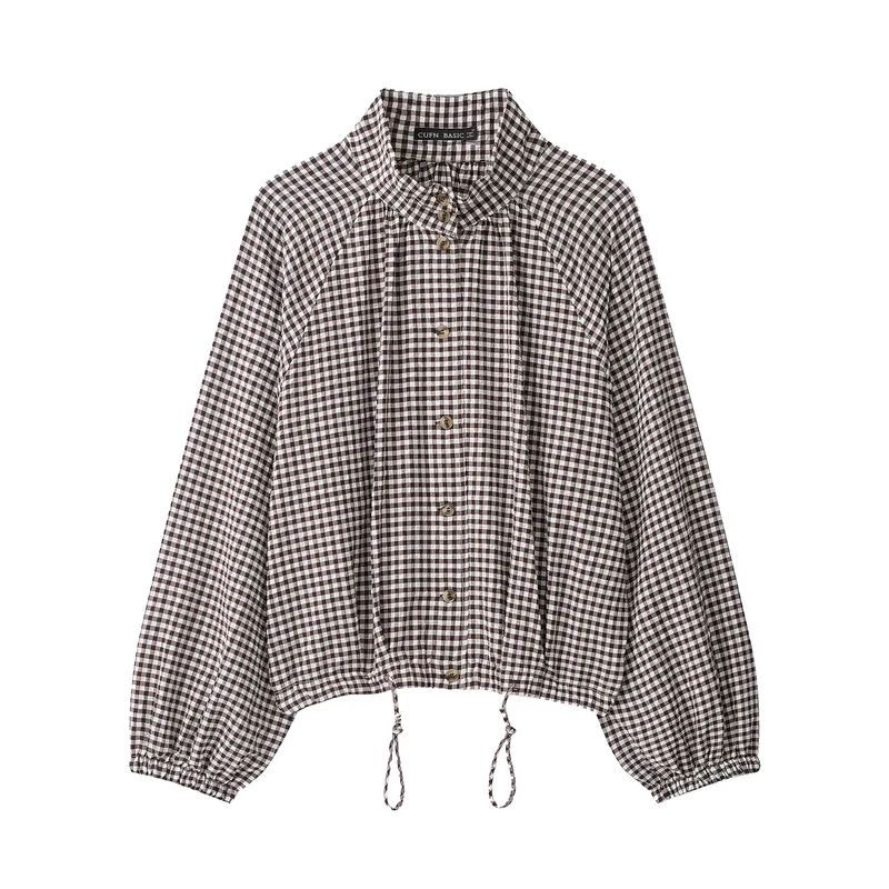 Damen 10+ kariertes Cropped‑Blusenjacke mit Stehkragen, Tunnelzugsaum und Ballonärmeln Drune