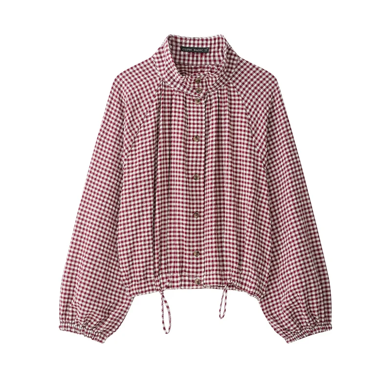 Damen 10+ kariertes Cropped‑Blusenjacke mit Stehkragen, Tunnelzugsaum und Ballonärmeln Drune