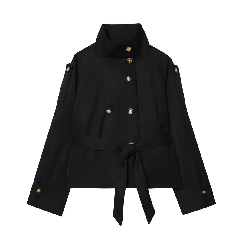 Damen 10+ Cropped Doppelreihige Kurzjacke mit Stehkragen und Taillengürtel Drune