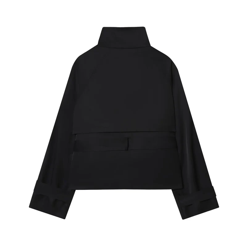 Damen 10+ Cropped Doppelreihige Kurzjacke mit Stehkragen und Taillengürtel Drune