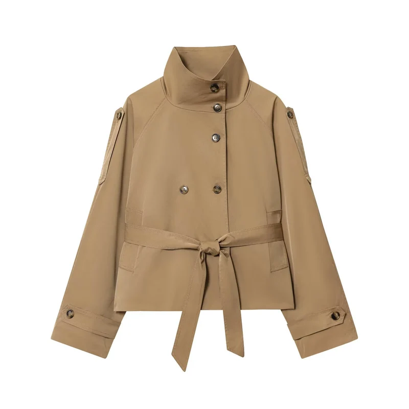 Damen 10+ Cropped Doppelreihige Kurzjacke mit Stehkragen und Taillengürtel Drune