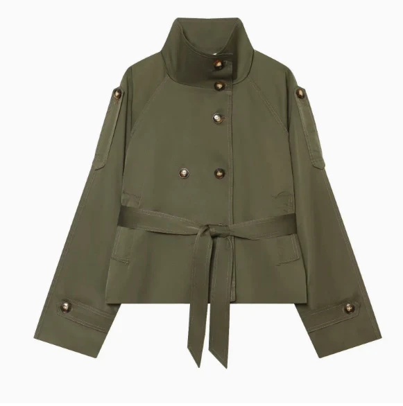 Damen 10+ Cropped Doppelreihige Kurzjacke mit Stehkragen und Taillengürtel Drune