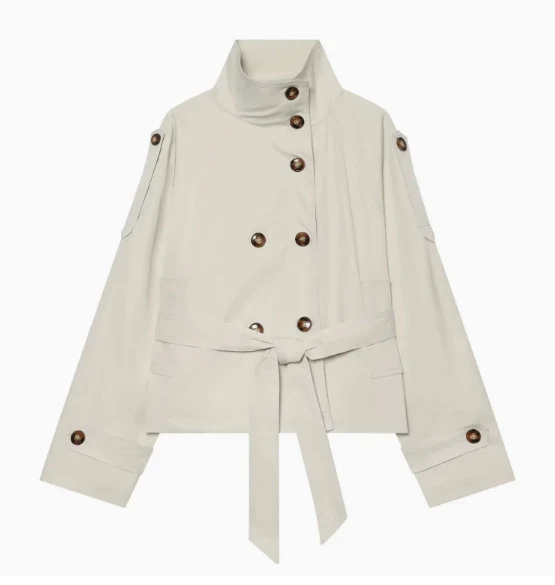 Damen 10+ Cropped Doppelreihige Kurzjacke mit Stehkragen und Taillengürtel Drune