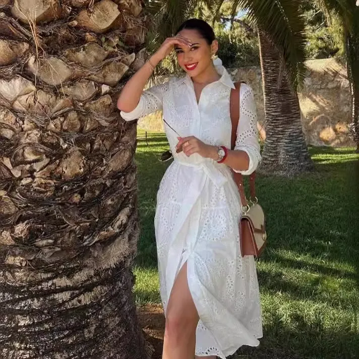 Damen 10+ besticktes Hemdblusenkleid mit Lochstickerei, Taillengürtel und seitlichem Beinschlitz Drune