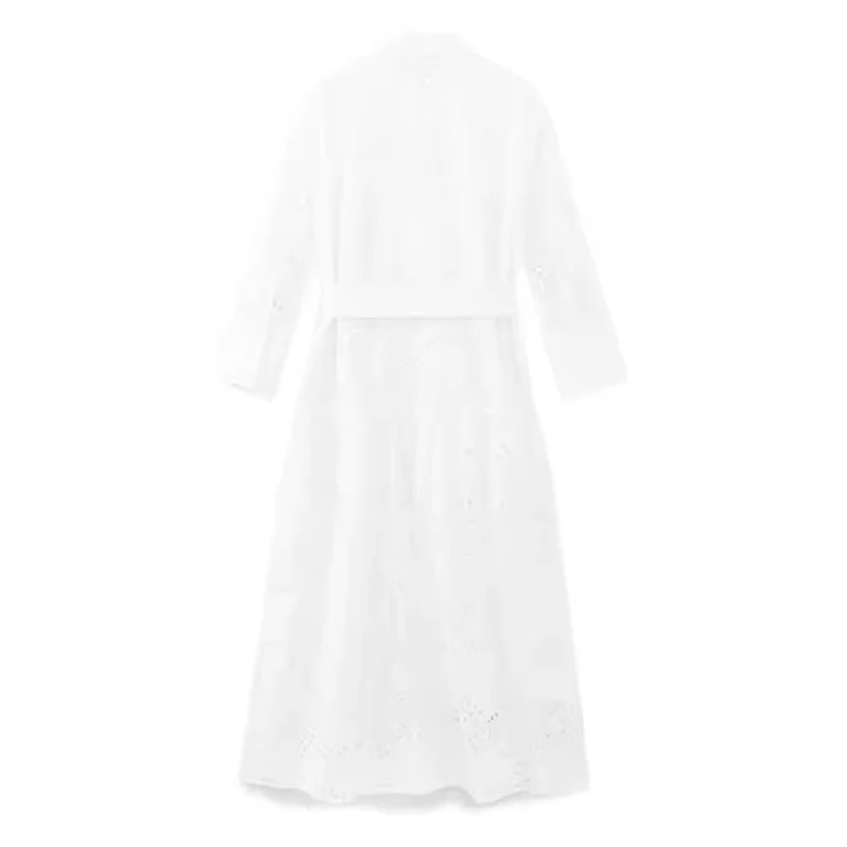 Damen 10+ besticktes Hemdblusenkleid mit Lochstickerei, Taillengürtel und seitlichem Beinschlitz Drune