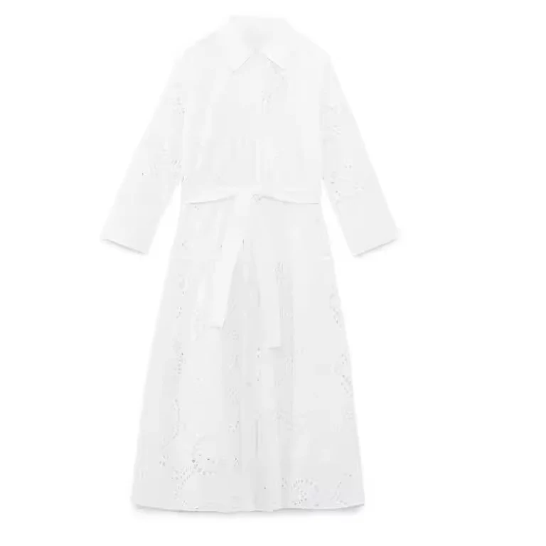 Damen 10+ besticktes Hemdblusenkleid mit Lochstickerei, Taillengürtel und seitlichem Beinschlitz Drune