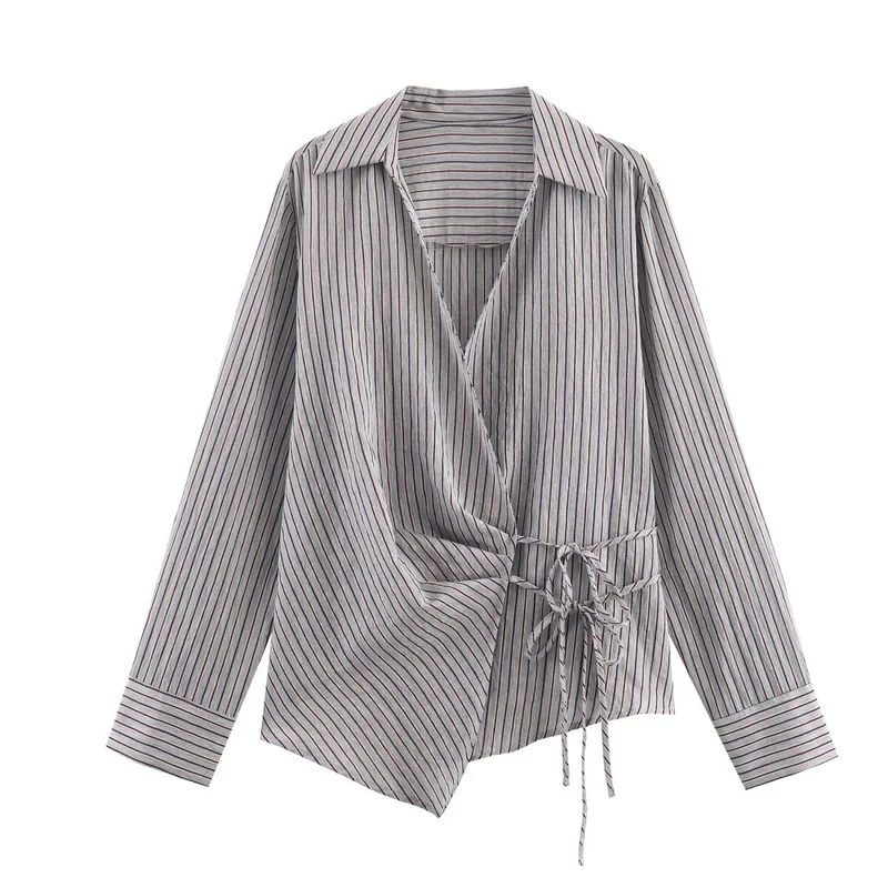 Damen 10+ asymmetrische Wickelbluse mit Tunnelzug, Hemdkragen und langen Ärmeln Drune