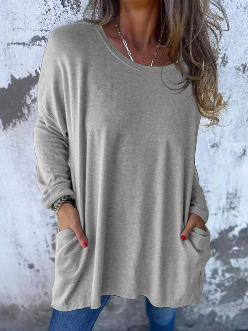Damen Weiches Oversize Langarmshirt mit Rundhalsausschnitt, Lässigen Ärmeln und Seitentaschen Drune
