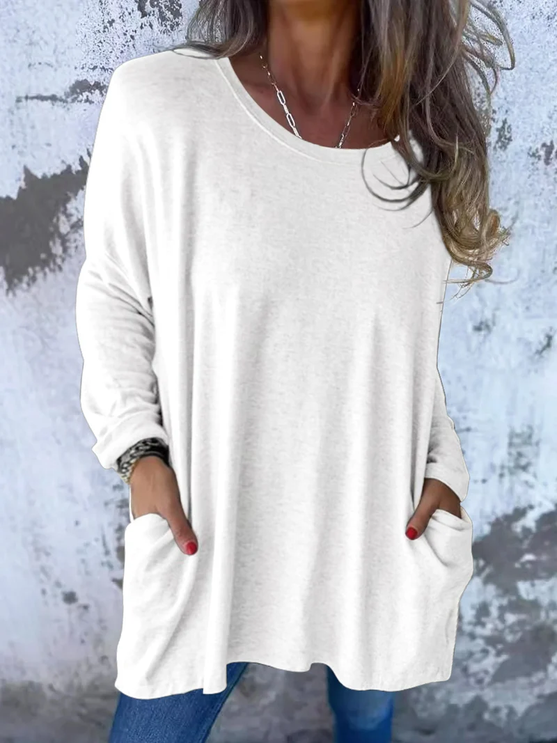 Damen Weiches Oversize Langarmshirt mit Rundhalsausschnitt, Lässigen Ärmeln und Seitentaschen Drune