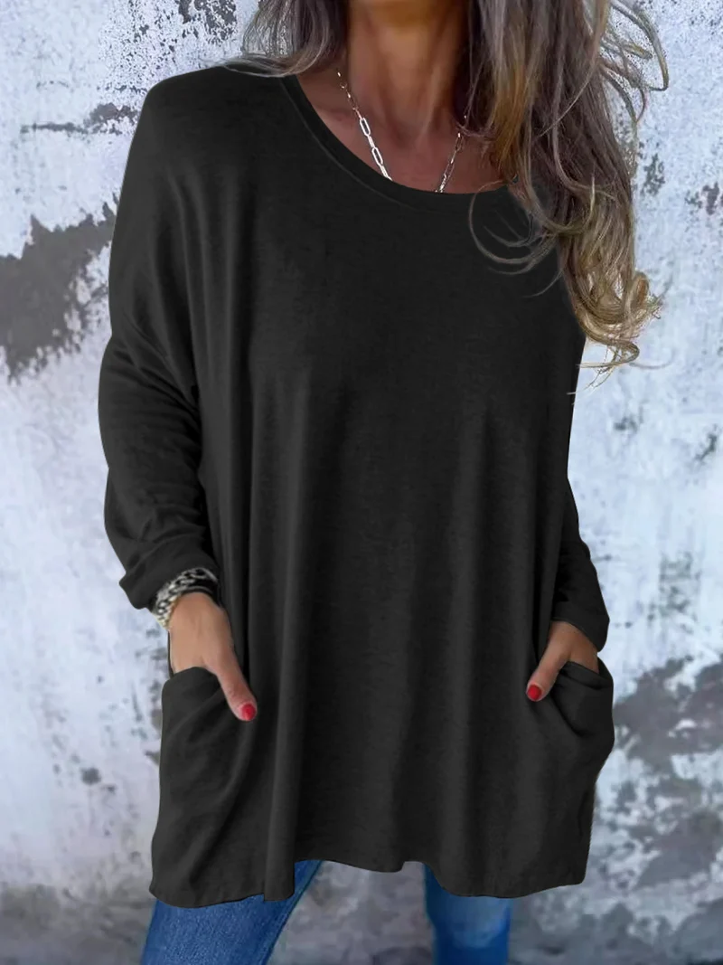 Damen Weiches Oversize Langarmshirt mit Rundhalsausschnitt, Lässigen Ärmeln und Seitentaschen Drune