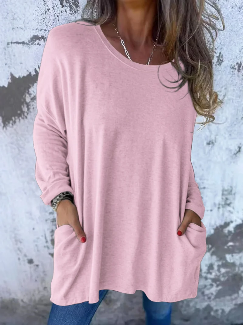 Damen Weiches Oversize Langarmshirt mit Rundhalsausschnitt, Lässigen Ärmeln und Seitentaschen Drune