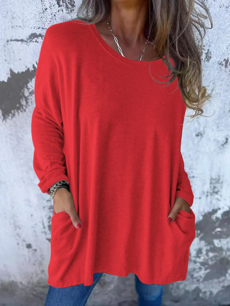 Damen Weiches Oversize Langarmshirt mit Rundhalsausschnitt, Lässigen Ärmeln und Seitentaschen Drune