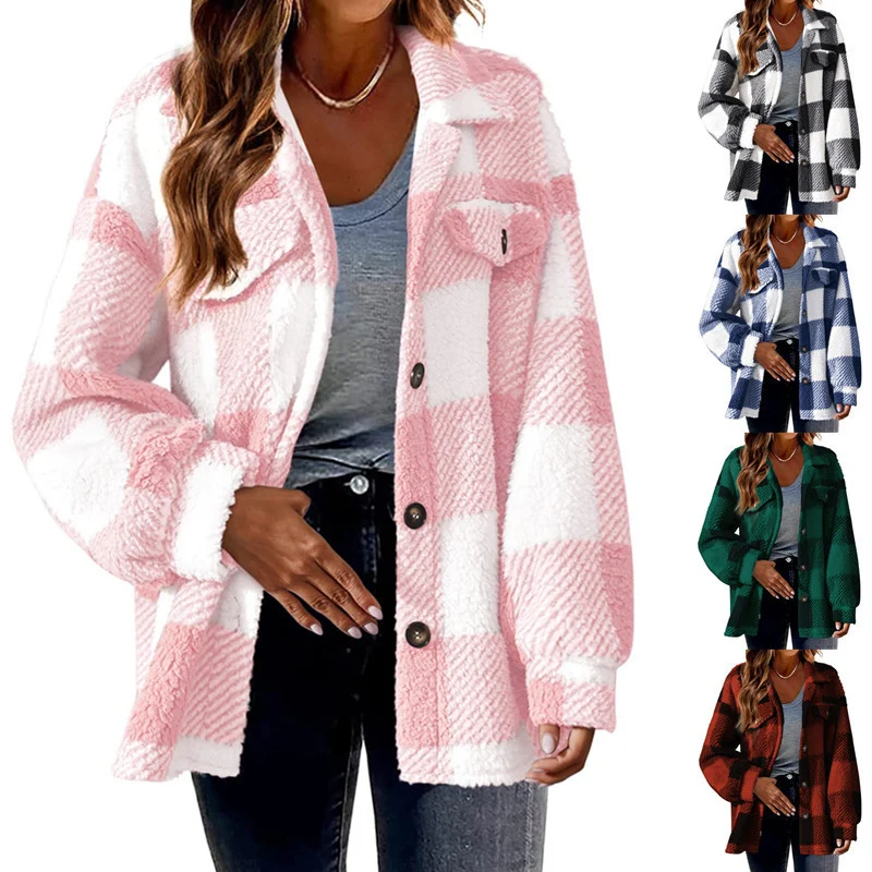 Damen nan kuschelige Sherpa-Karo-Übergangsjacke mit Brusttaschen und großzügigem Oversize-Schnitt Drune