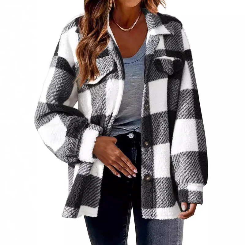 Damen nan kuschelige Sherpa-Karo-Übergangsjacke mit Brusttaschen und großzügigem Oversize-Schnitt Drune