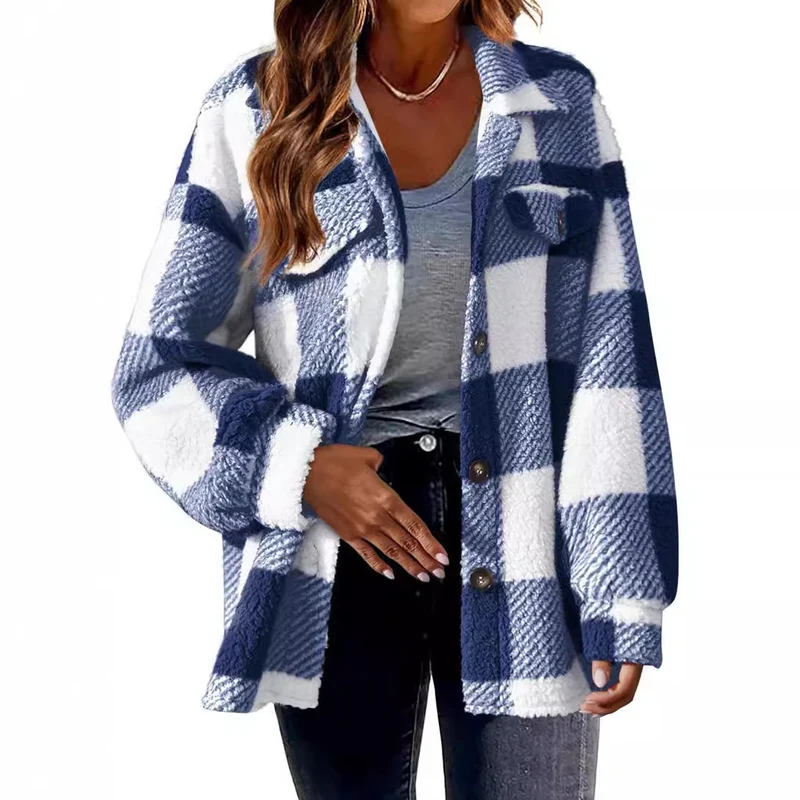 Damen nan kuschelige Sherpa-Karo-Übergangsjacke mit Brusttaschen und großzügigem Oversize-Schnitt Drune