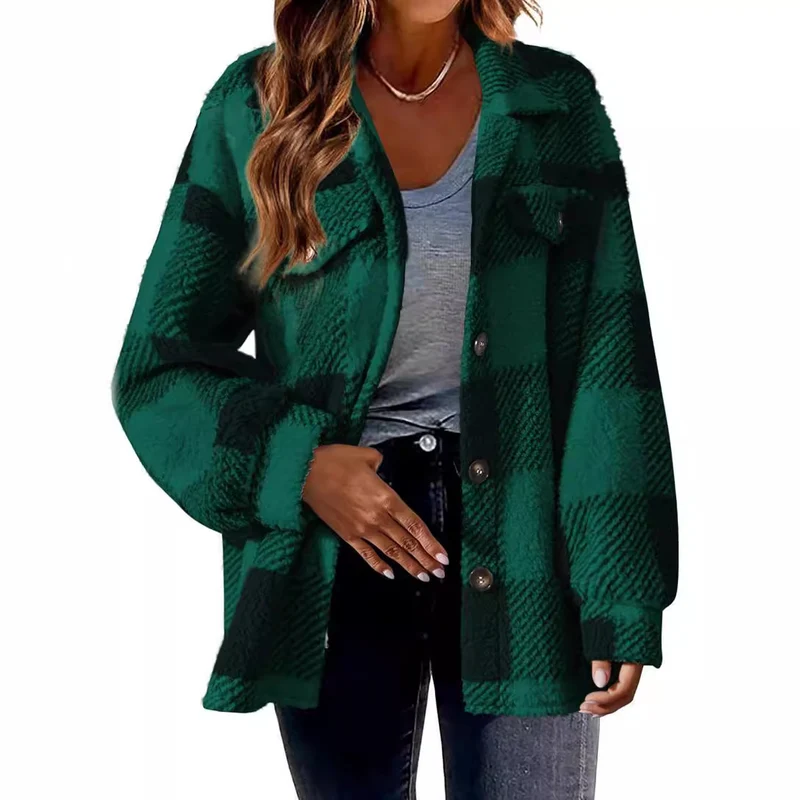 Damen nan kuschelige Sherpa-Karo-Übergangsjacke mit Brusttaschen und großzügigem Oversize-Schnitt Drune