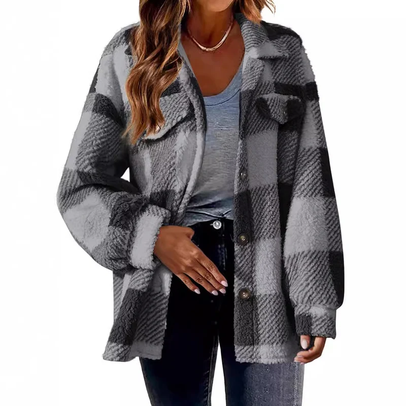 Damen nan kuschelige Sherpa-Karo-Übergangsjacke mit Brusttaschen und großzügigem Oversize-Schnitt Drune
