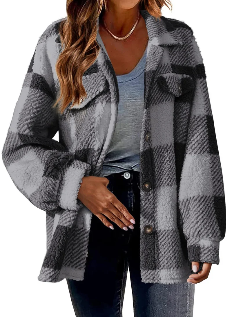 Damen nan kuschelige Sherpa-Karo-Übergangsjacke mit Brusttaschen und großzügigem Oversize-Schnitt Drune