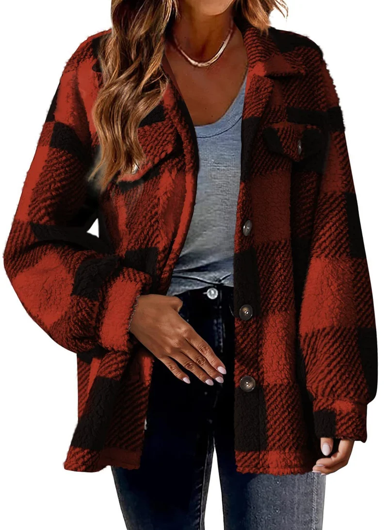 Damen nan kuschelige Sherpa-Karo-Übergangsjacke mit Brusttaschen und großzügigem Oversize-Schnitt Drune
