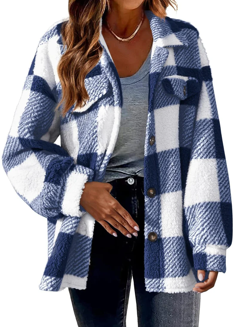 Damen nan kuschelige Sherpa-Karo-Übergangsjacke mit Brusttaschen und großzügigem Oversize-Schnitt Drune