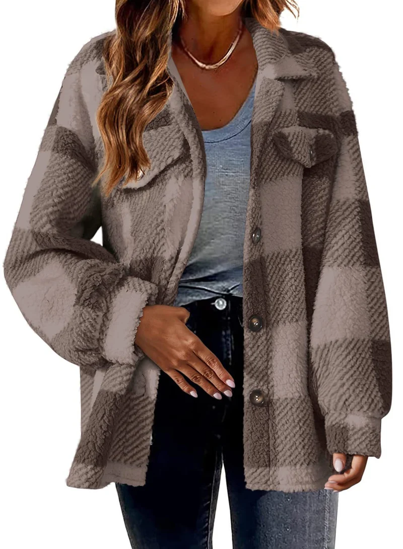 Damen nan kuschelige Sherpa-Karo-Übergangsjacke mit Brusttaschen und großzügigem Oversize-Schnitt Drune