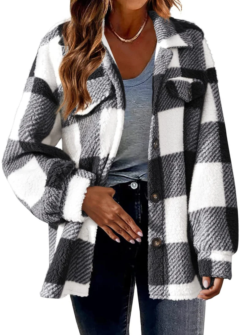 Damen nan kuschelige Sherpa-Karo-Übergangsjacke mit Brusttaschen und großzügigem Oversize-Schnitt Drune