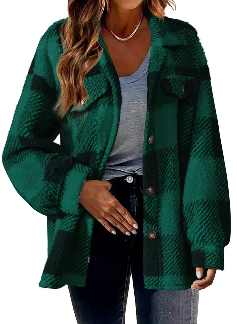 Damen nan kuschelige Sherpa-Karo-Übergangsjacke mit Brusttaschen und großzügigem Oversize-Schnitt Drune