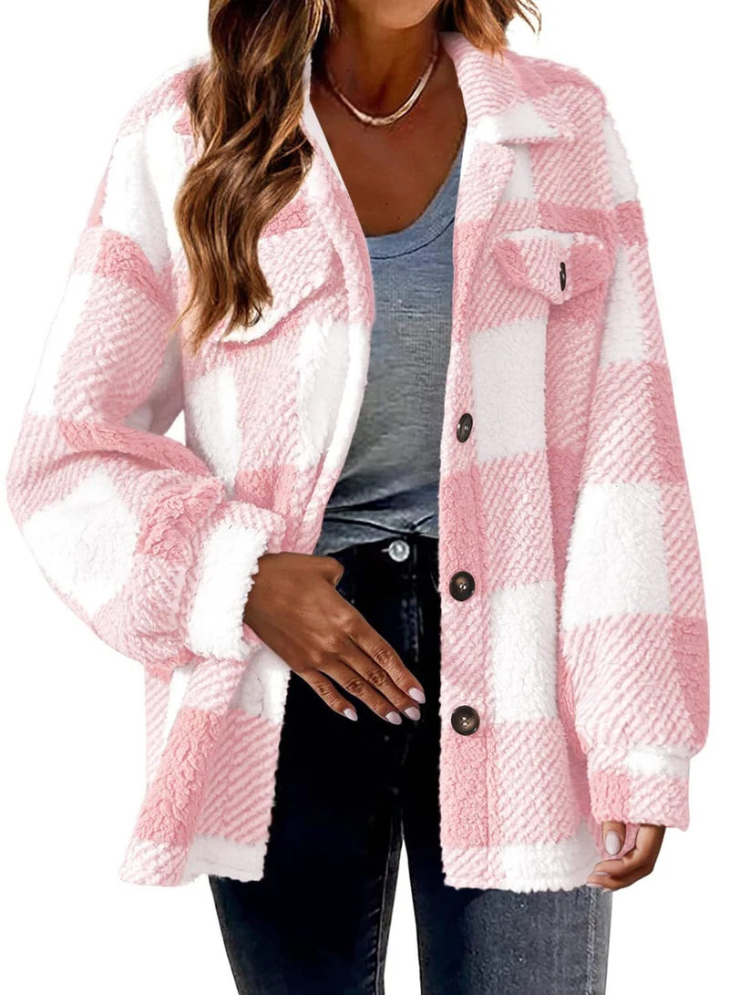 Damen nan kuschelige Sherpa-Karo-Übergangsjacke mit Brusttaschen und großzügigem Oversize-Schnitt Drune