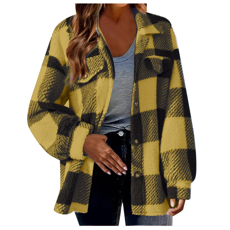 Damen nan kuschelige Sherpa-Karo-Übergangsjacke mit Brusttaschen und großzügigem Oversize-Schnitt Drune