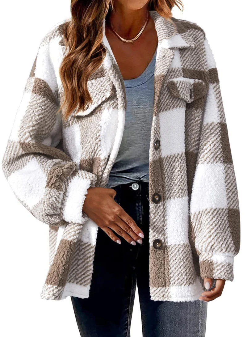 Damen nan kuschelige Sherpa-Karo-Übergangsjacke mit Brusttaschen und großzügigem Oversize-Schnitt Drune