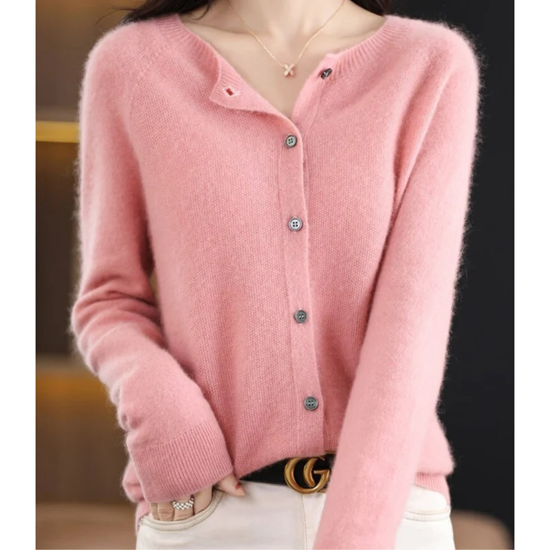 Drune | Merinowolle Damen O-Ausschnitt gestrickte Strickjacke Pullover