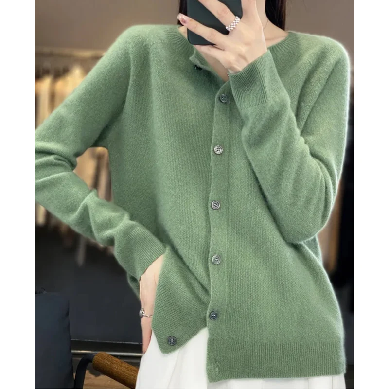Drune | Merinowolle Damen O-Ausschnitt gestrickte Strickjacke Pullover