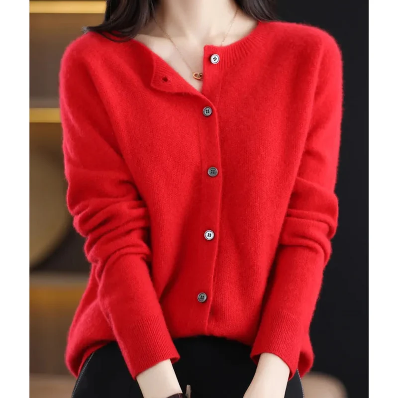Drune | Merinowolle Damen O-Ausschnitt gestrickte Strickjacke Pullover