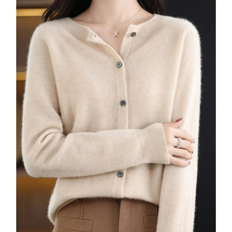 Drune | Merinowolle Damen O-Ausschnitt gestrickte Strickjacke Pullover