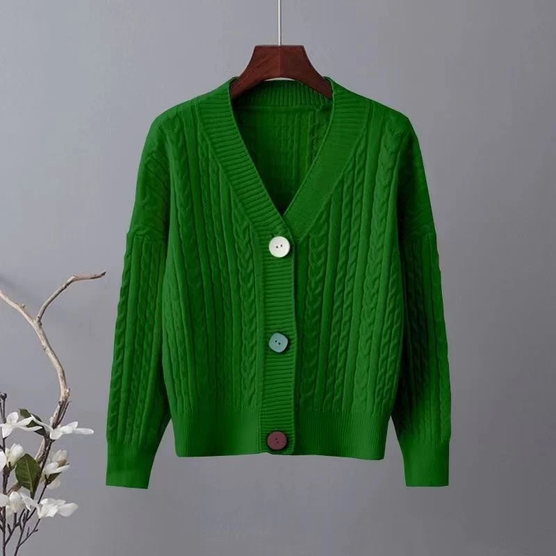 Damen Grobstrickjacke mit V-Ausschnitt und dekorativen Knöpfen Drune