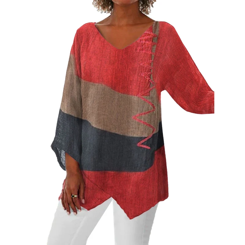 Frauen Casual A-Linien Leinenlook Tunika mit Farbblockstreifen und V-Ausschnitt Drune