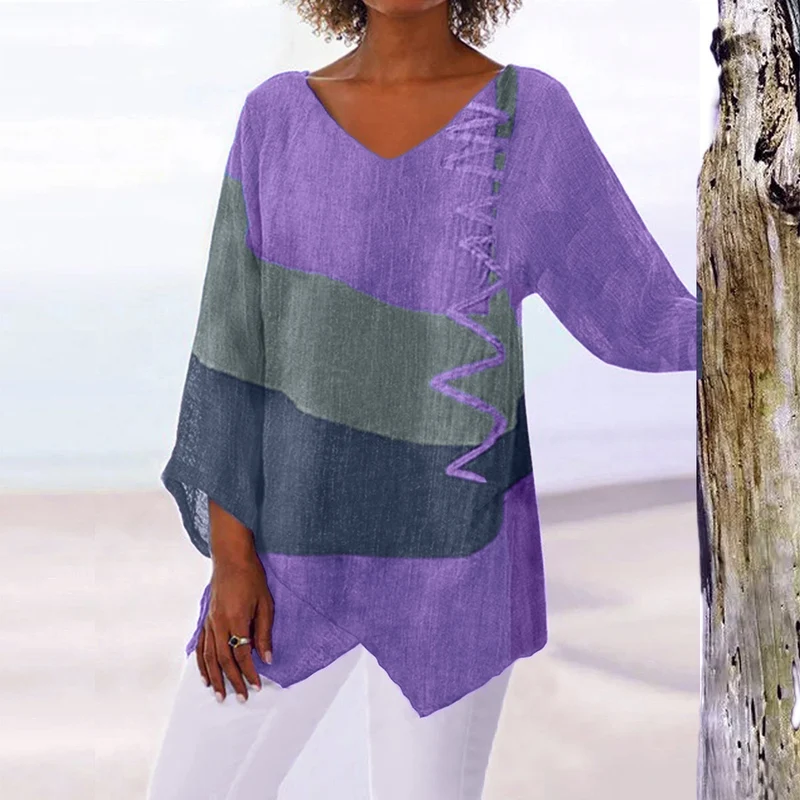Frauen Casual A-Linien Leinenlook Tunika mit Farbblockstreifen und V-Ausschnitt Drune