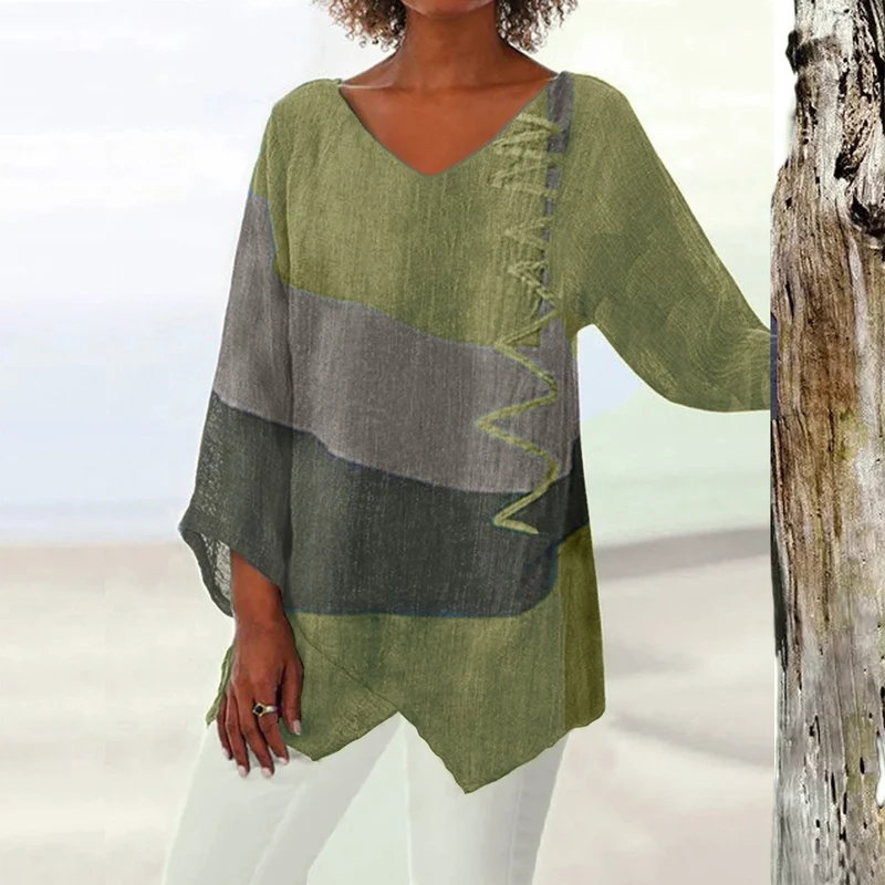 Frauen Casual A-Linien Leinenlook Tunika mit Farbblockstreifen und V-Ausschnitt Drune