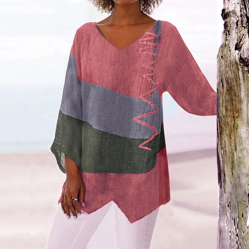 Frauen Casual A-Linien Leinenlook Tunika mit Farbblockstreifen und V-Ausschnitt Drune