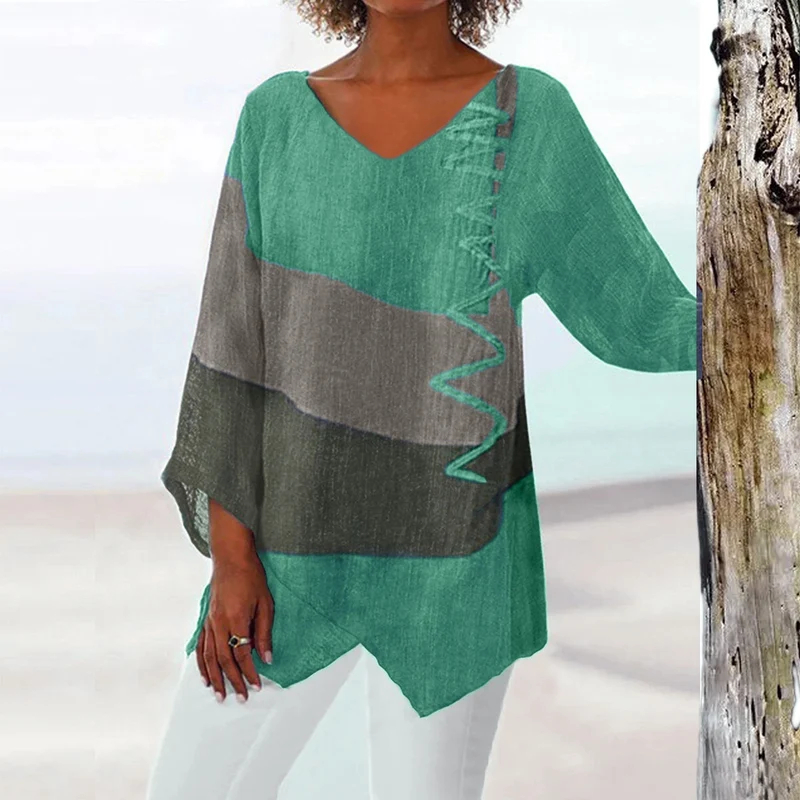 Frauen Casual A-Linien Leinenlook Tunika mit Farbblockstreifen und V-Ausschnitt Drune